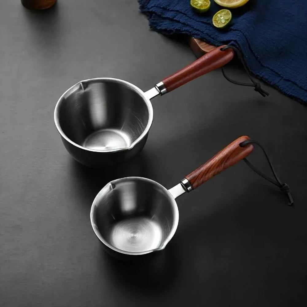 2Pcs Kitchen Accessories, 10oz Stainless Steel Pot with Wood Handle & Cake Spatula, Durable Kitchen Tools, Daily Kitchen Items