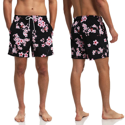 Mens breathable mesh liner summer boardshorts with pockets, quick-dry fabric, ideal for gym, running, and swimming.