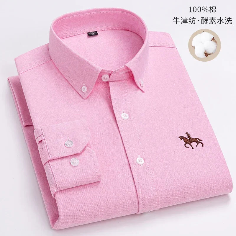 Pure Cotton Oxford Embroidered Horse Shirt for Men - Oversized Floral Long Sleeve Casual Streetwear Plus Size