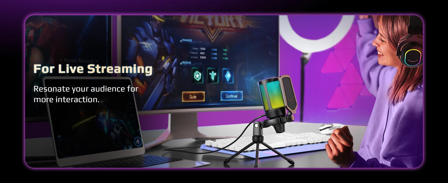 FIFINE USB gaming microphone with adjustable stand and sleek black design, ideal for streaming and recording at a desk.