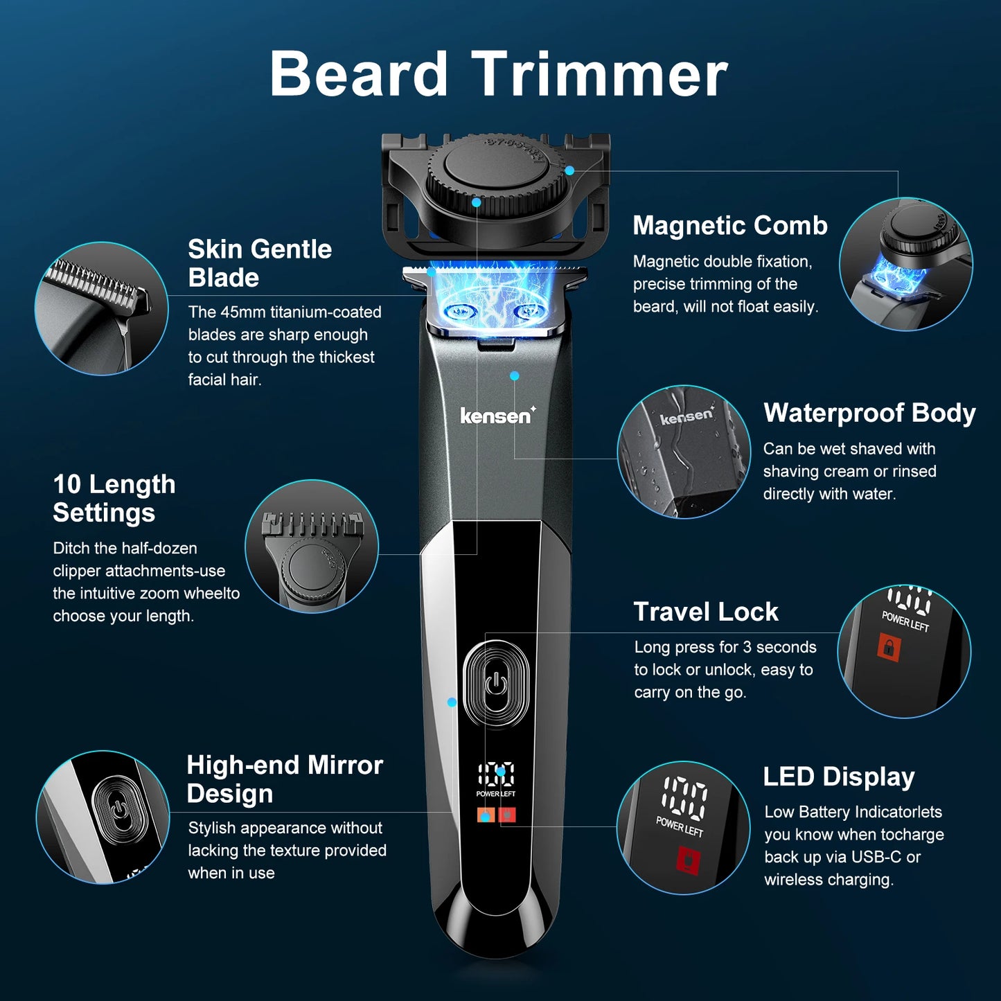 Kensen S25 Electric Trimmer - Adjustable Men's Razor Hair Cutting Machine and Beard Trimmer
