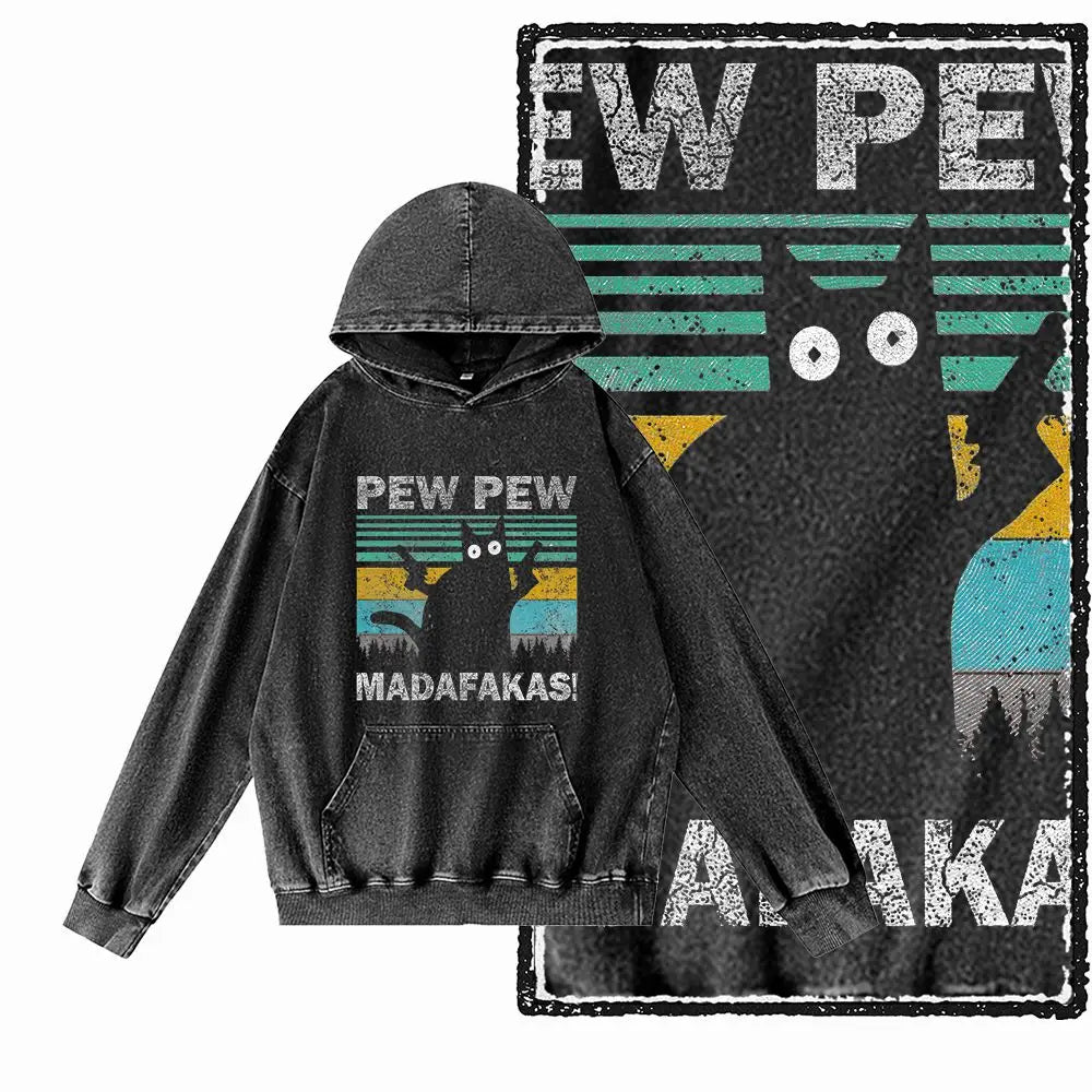 Night Prowler Cat Graphic Acid-Washed Black Hoodie