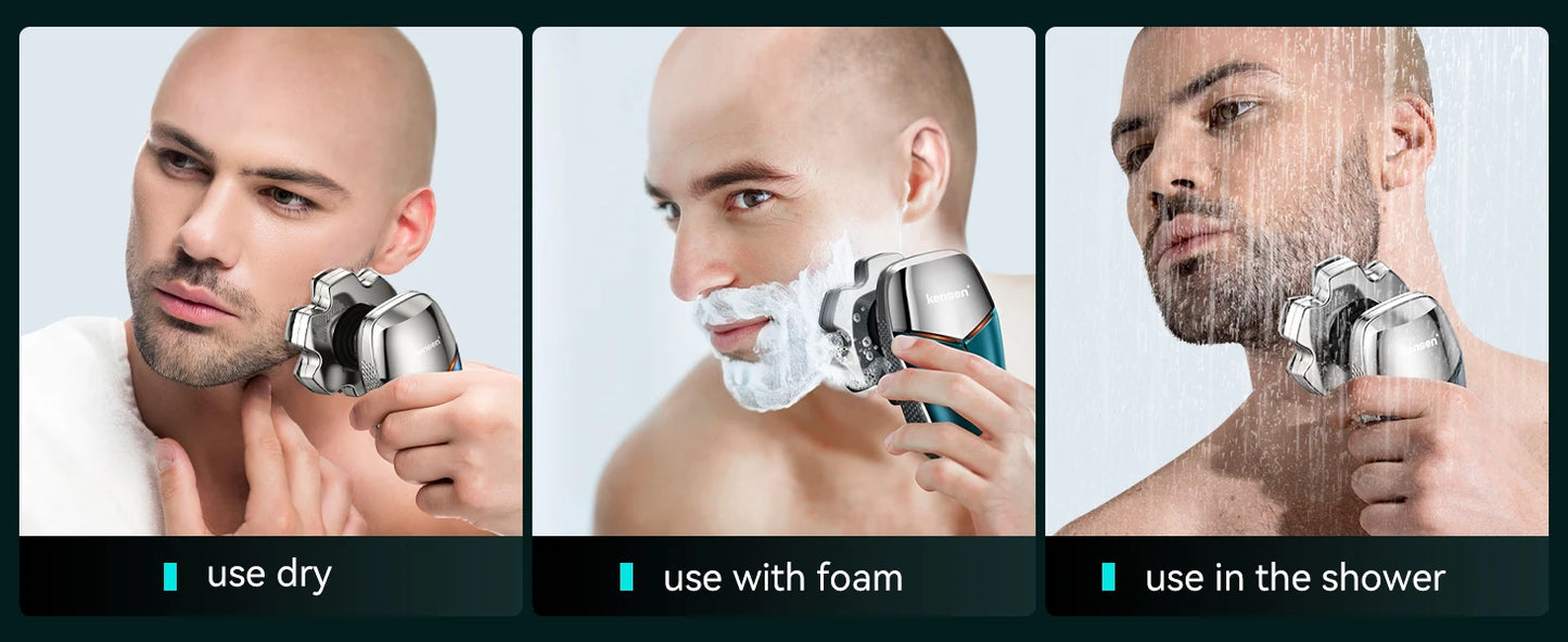 KENSEN 5-in-1 electric head shaver with magnetic 7D floating blade, designed for precise hair grooming and trimming.