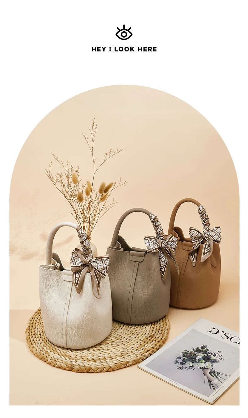 FOXER Women Shoulder Bag Crossbody Handbag Lady Genuine Leather+ Microfiber Fashion Bucket Bag Gift for Lover