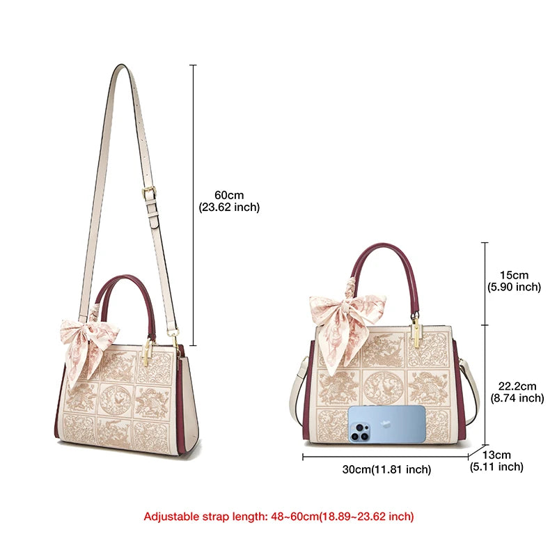 FOXER Women's Shoulder Handbag New Office Lady Crossbody Bag Medium Tote Chic Split Leather Silk Scarf Printing Pocket Mom's Bag
