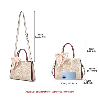 FOXER Women's Shoulder Handbag New Office Lady Crossbody Bag Medium Tote Chic Split Leather Silk Scarf Printing Pocket Mom's Bag