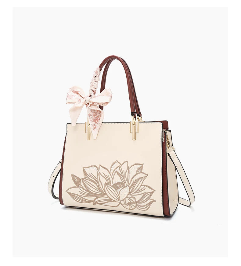 FOXER Luxury Embroidery Women's Handbag Split Leather Elegant Lady Tote Bag Chinese Style Shoulder Bag Best Mother's Day Gift