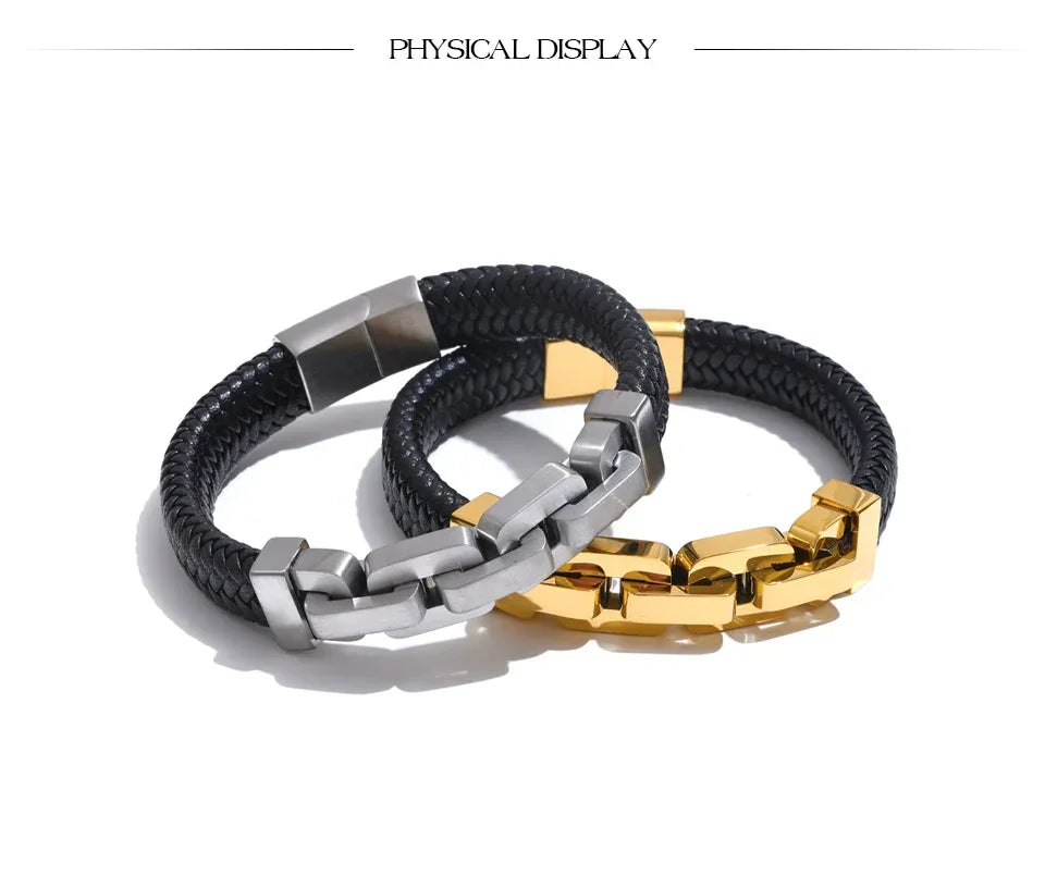 18K PVD Plated Stainless Steel Metal Chain Leather Handmade Men's Bracelet Bangle - ShopHub