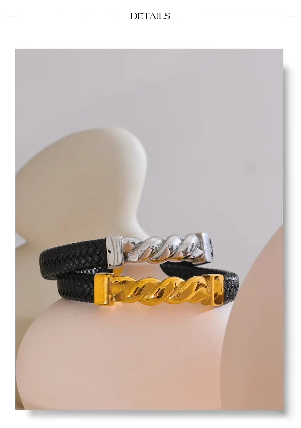 65mm Leather Metal Twisted Chain Handmade Wide Bracelet Bangle - ShopHub