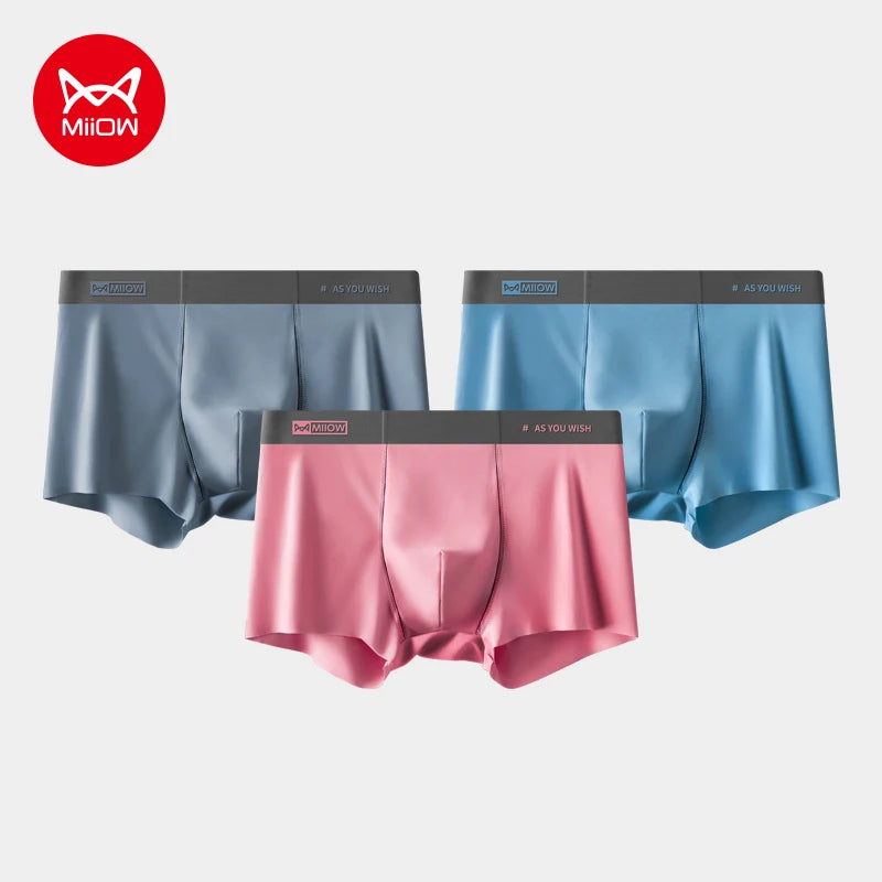 MiiOW Men Underwear Boxers - 3Pcs Cotton Antibacterial Crotch Silky Breathable Boxers