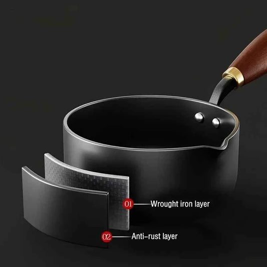Milk Pot with Wooden Handle, Induction Compatible Small Saucepan for Boiling Milk, Soup & Noodles, With Lid