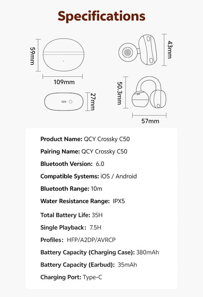 QCY CT06 Open Ear Wireless Earbuds with 4-Mic Calls and Bass Boost - Bluetooth 6.0 Clip-On Sports Headphones with 35 Hours Playtime - ShopHub