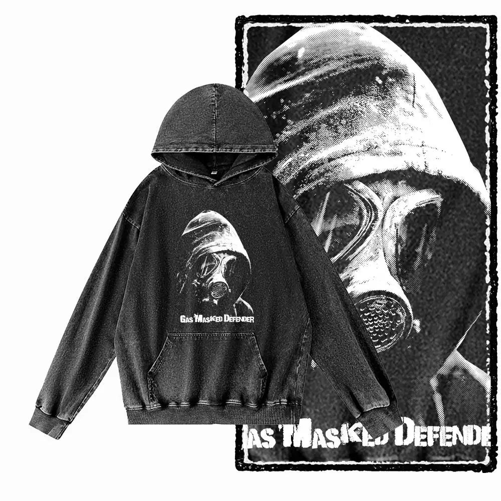 COOLMIND G21 Vintage Graphic Acid-Washed Black Hoodie