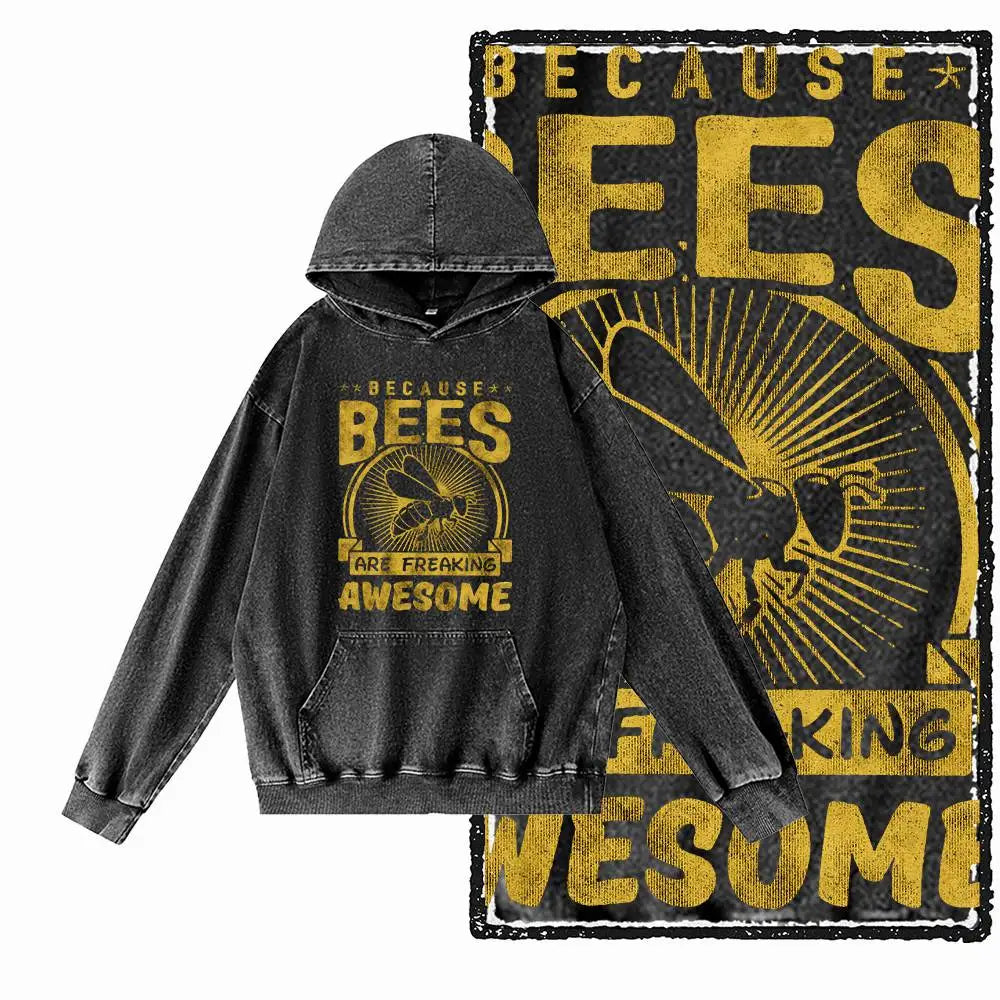 Hive Mind Bees Graphic Acid-Washed Black Hoodie