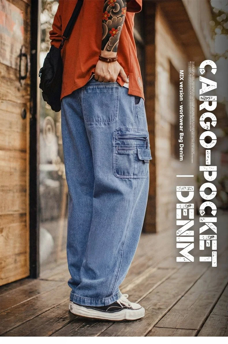 Maden Men's Vintage 10.5oz Washed Denim Jeans Loose Fit Cargo Pocket Workwear Pants Casual Blue Trousers for Spring and Autumn