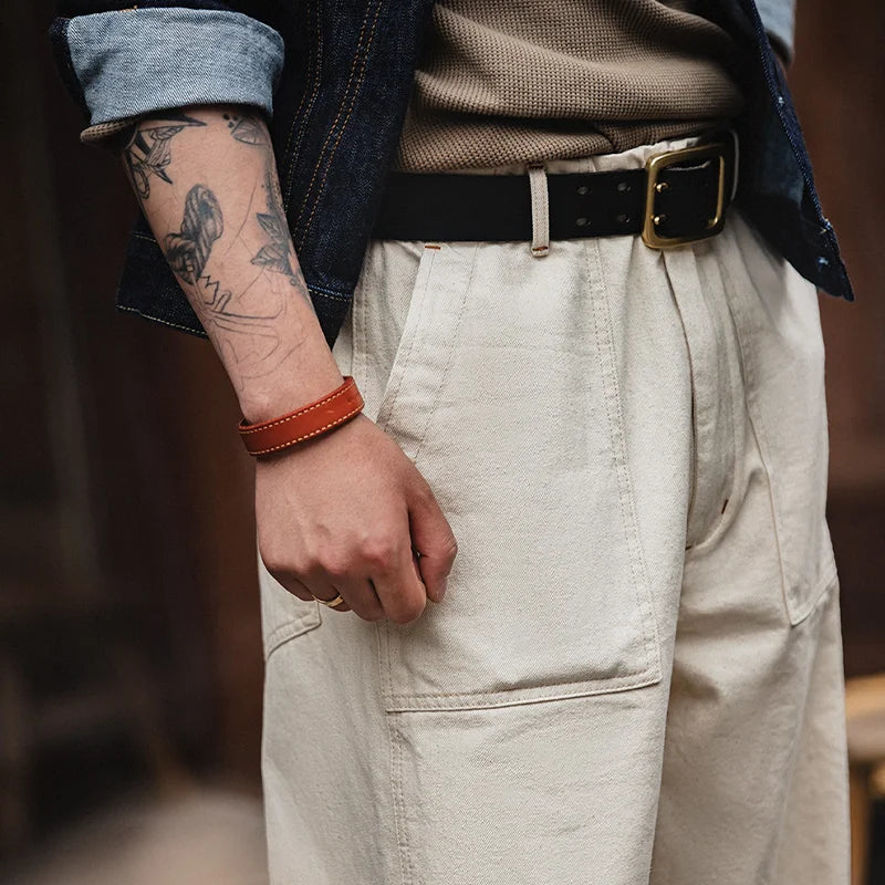 Maden Men's Vintage 11.2oz White Cottonseed Hull Jeans Casual Baggy Fit Straight Trousers for Spring and Fall Chino Cargo Pants