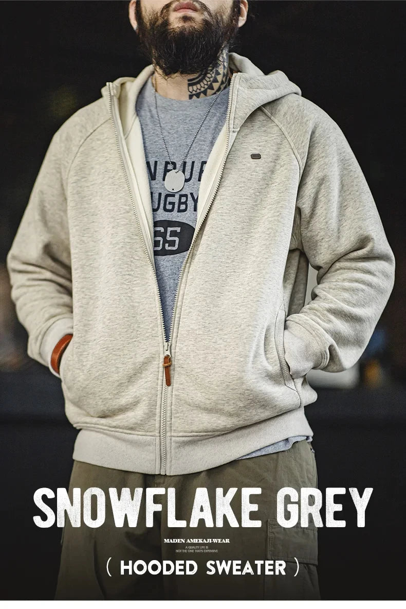 Maden Gray Hooded Sweatshirt for Men Polar Fleece Lining Thickened Warm Zippered Sports Cardigan Autumn and Winter Outer Jacket