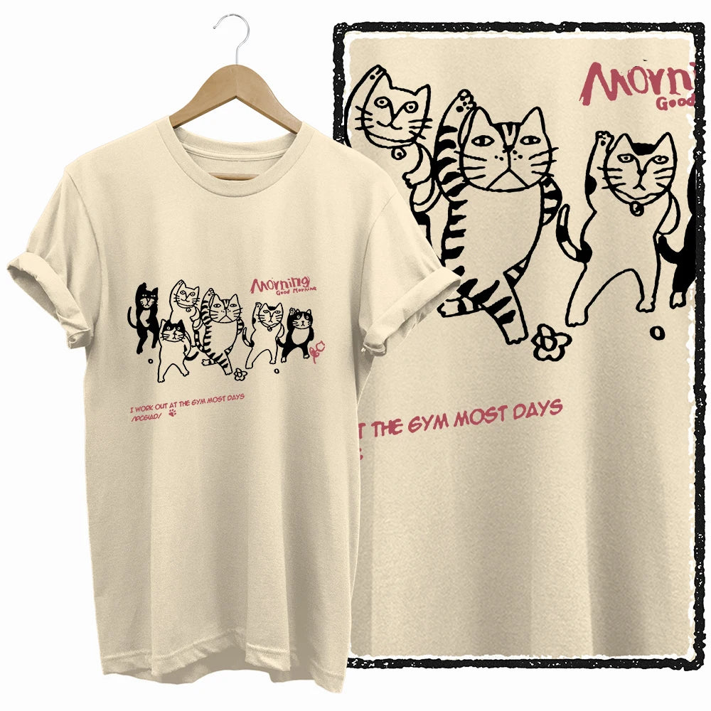 COOLMIND 100% Cotton Beige Cat Print Exclusive Graphic Women T Shirt Big Size Loose Cotton Cat Lover Women T Shirt Lovely Cat Te