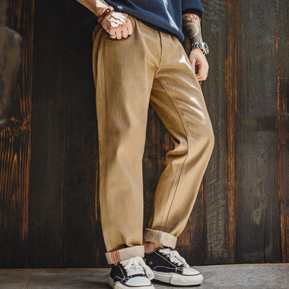 Maden Men‘s Khaki 11.7oz Selvedge Raw Jeans Vintage Straight-Leg Cowboy Pants Casual Zip Fly Cotton Trousers for Spring Autumn