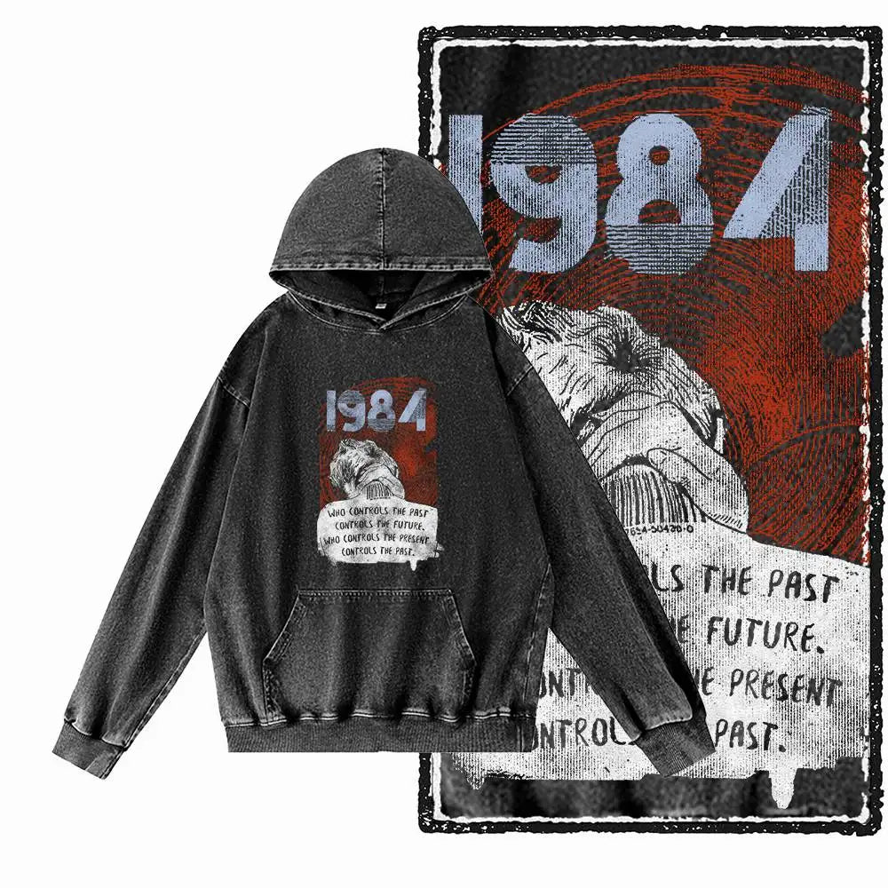 1984 Graphic Acid-Washed Black Streetwear Hoodie