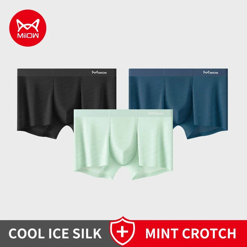 MiiOW Silky Ice Silk Men's Underwear - 3Pcs Antibacterial Seamless Breathable Boxers