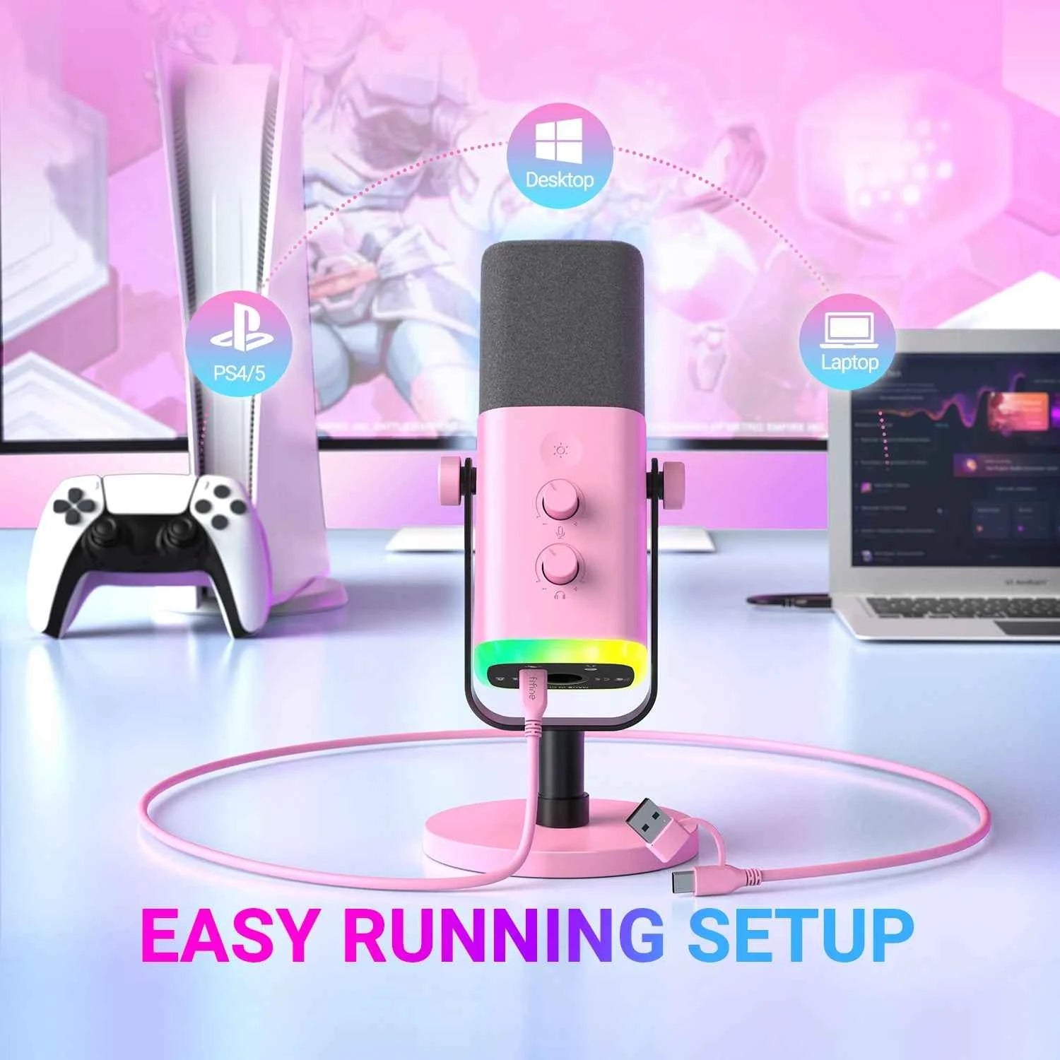FIFINE USB/XLR gaming microphone for streaming, black and compact, with adjustable stand and professional audio quality.