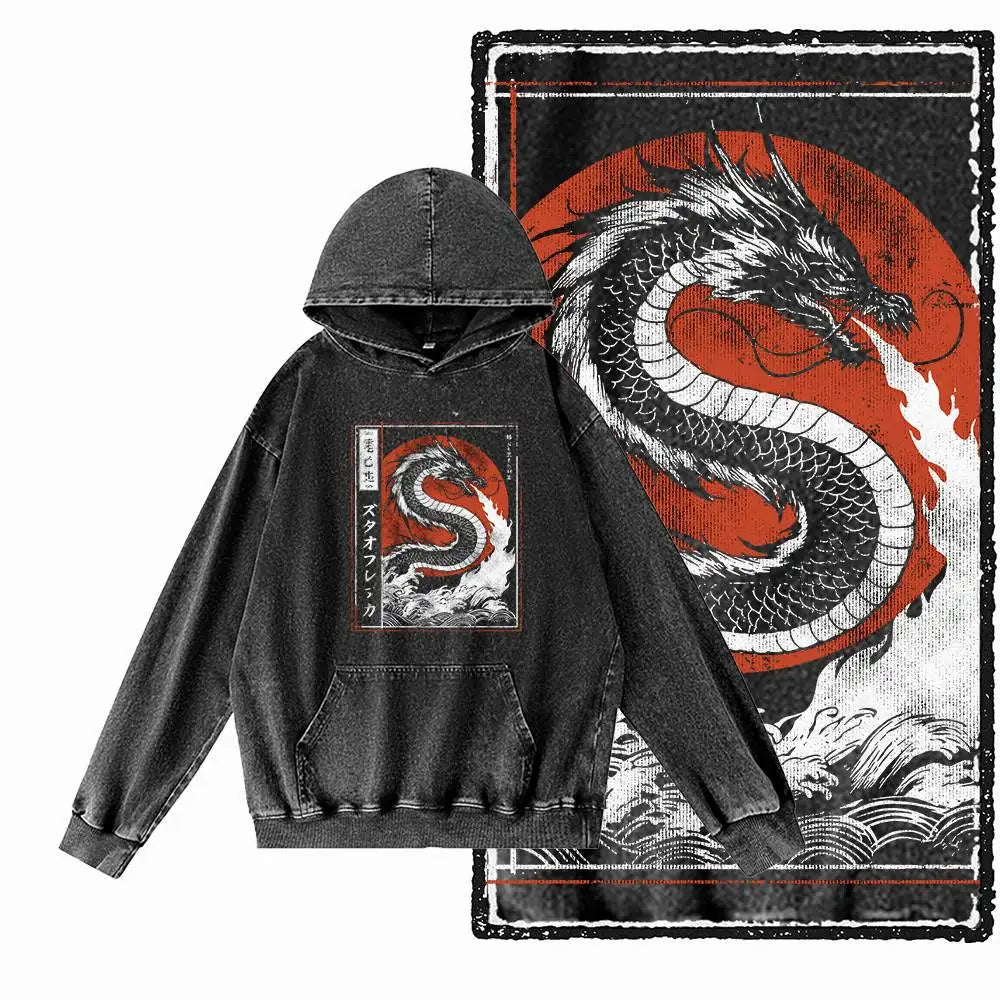 Dragon Strike Acid-Washed Black Graphic Hoodie