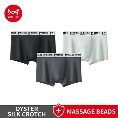 MiiOW 3Pcs Men's Breathable Underwear Ice Silk 10A Antibacterial Boxershorts with 101 Massage Beads