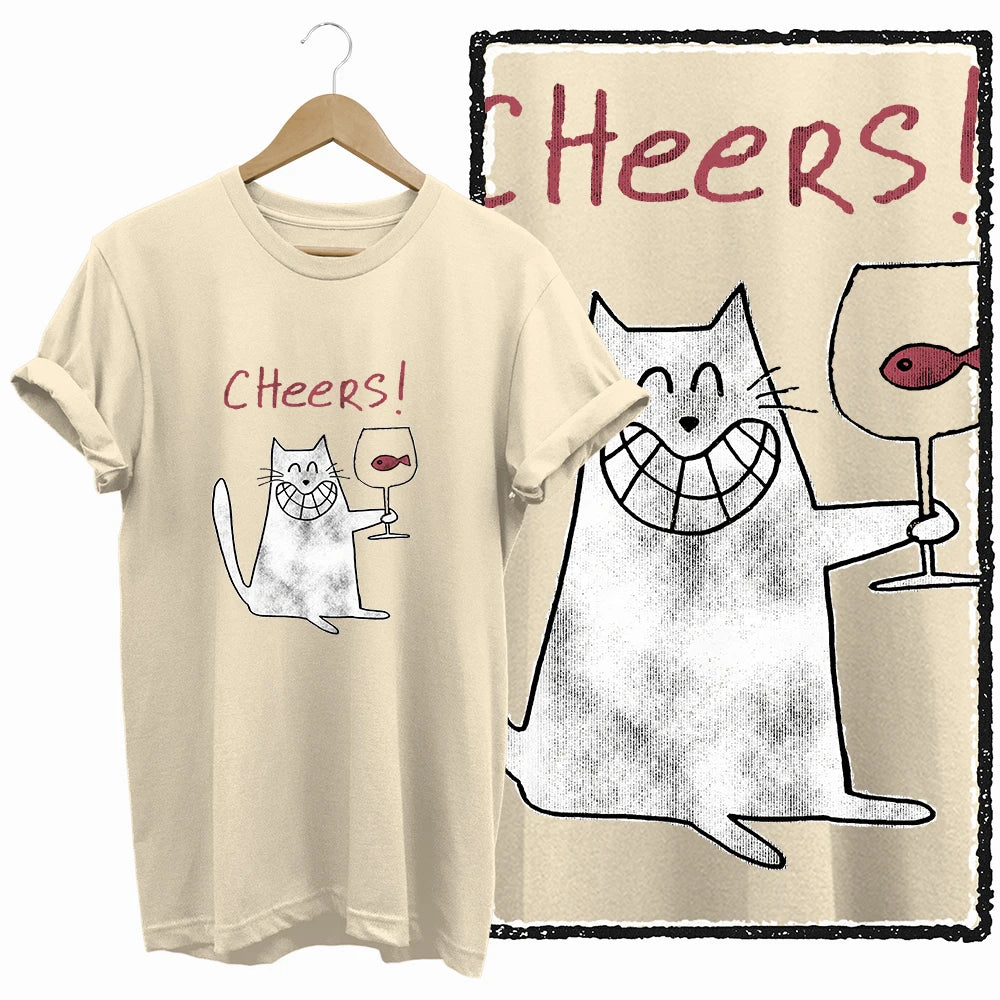 COOLMIND 100% Cotton Beige Cat Print Exclusive Graphic Women T Shirt Big Size Loose Cotton Cat Lover Women T Shirt Lovely Cat Te
