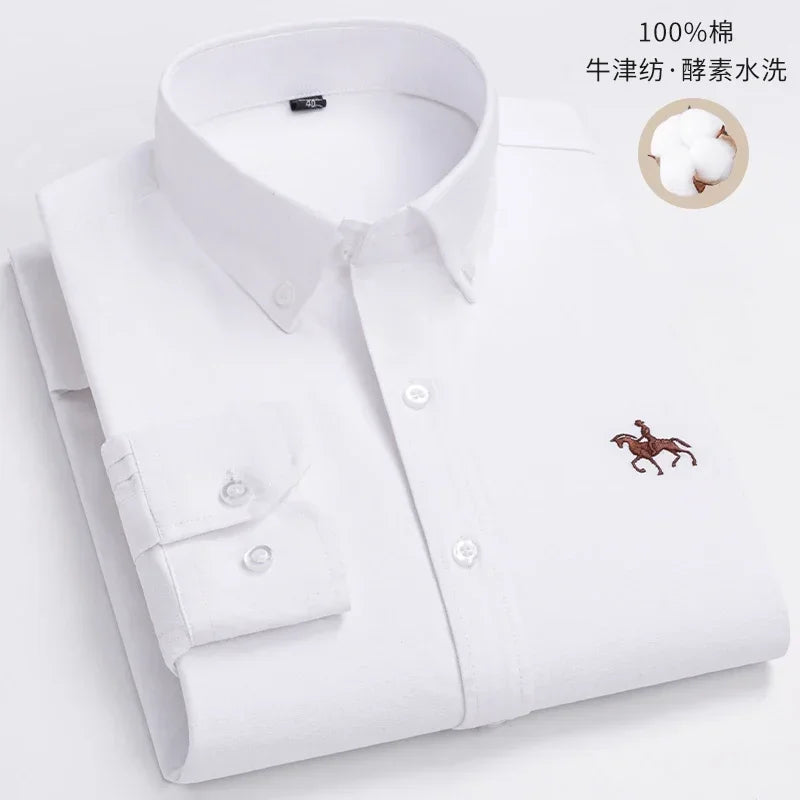 Pure Cotton Oxford Embroidered Horse Shirt for Men - Oversized Floral Long Sleeve Casual Streetwear Plus Size