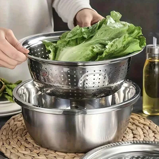 2Pcs Kitchen Accessories, Stainless Steel Bowl with Lid, Multi-use Drain Slicing Bowl, Practical Kitchen Tools & Kitchen Items