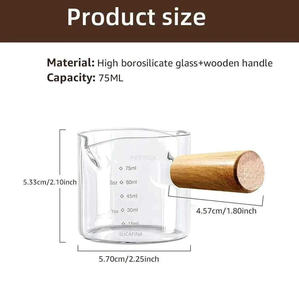 Glass Measuring Cup with Wood Handle, Double Spout Espresso Milk Coffee Mug, Clear Baking Kitchen Tool