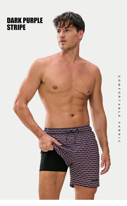 Men's boardshorts by ShopHub NZ featuring classic print, elastic waist, and 2-in-1 design, ideal as beach or swim shorts.