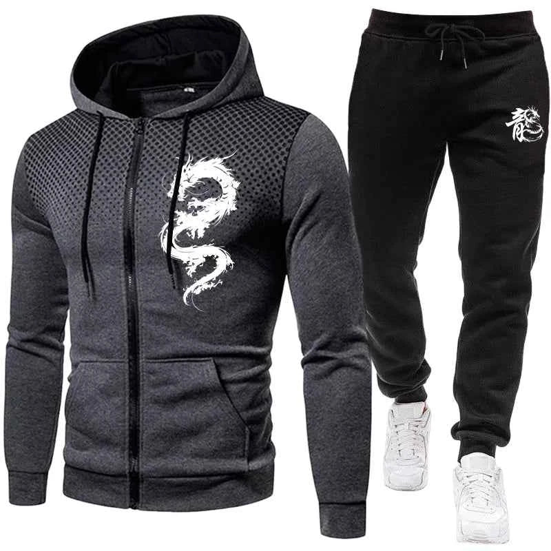 Men's Dragon Print Tracksuit - Urban Casual Fashion Hoodie and Jogger Pants Set for Stylish Comfort