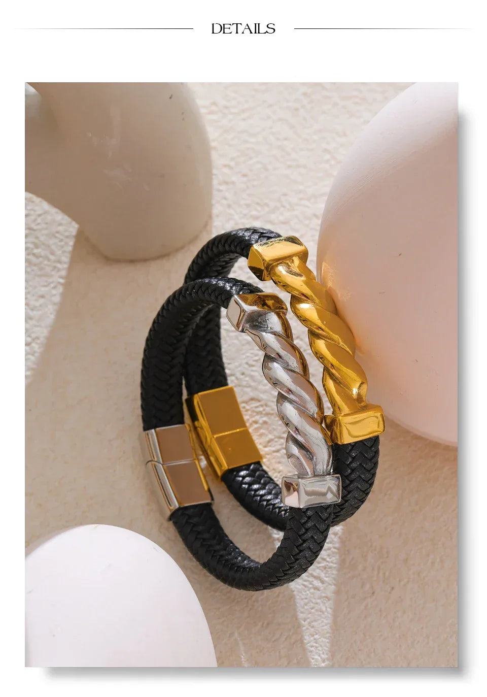 65mm Leather Metal Twisted Chain Handmade Wide Bracelet Bangle - ShopHub