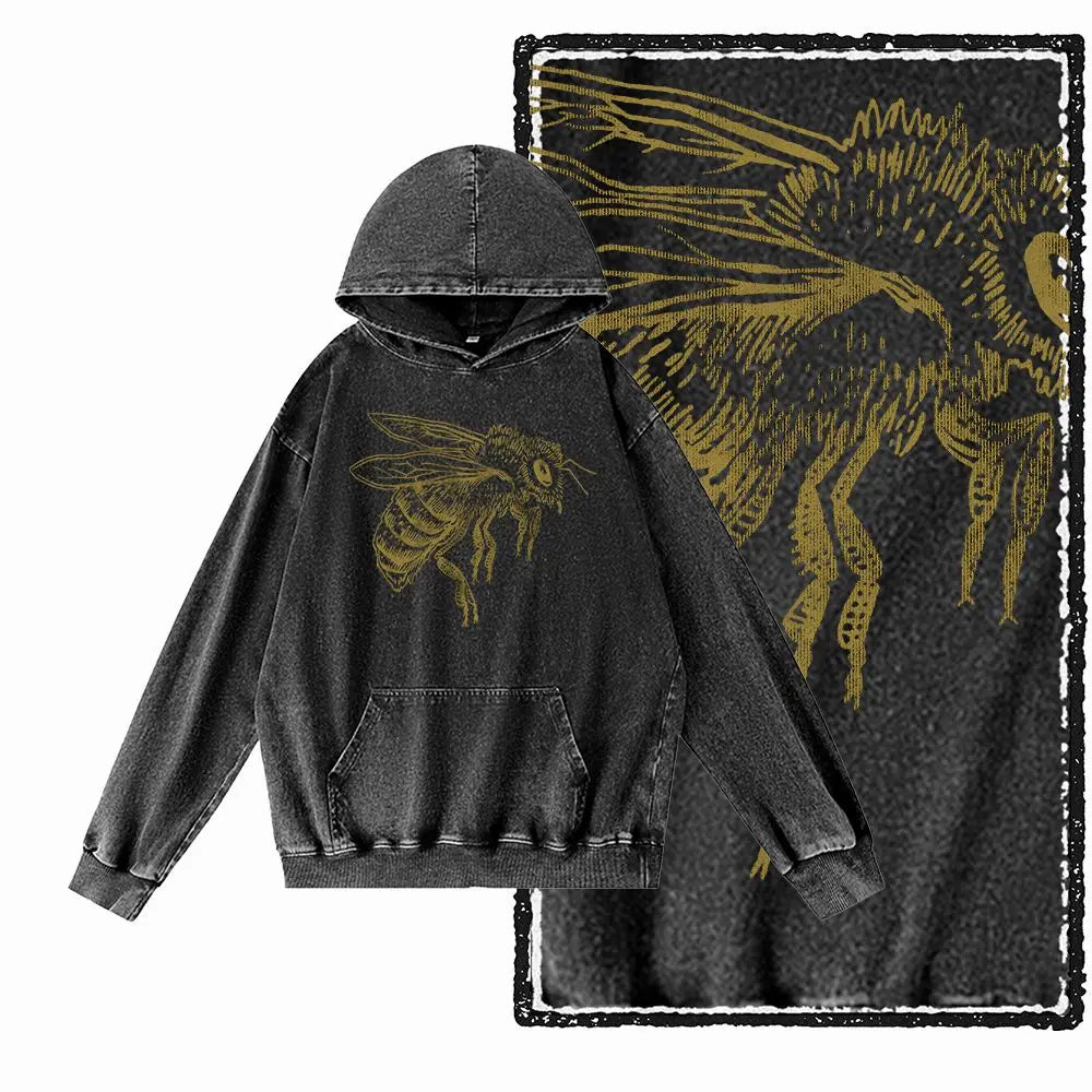 Hive Mind Bees Graphic Acid-Washed Black Hoodie