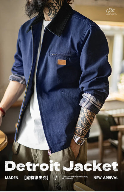 Maden Men's Retro J001 Detroit Jacket Heavyweight Canvas Hunting Coat Lapel Collar Work Jackets with Zipper for Spring Fall