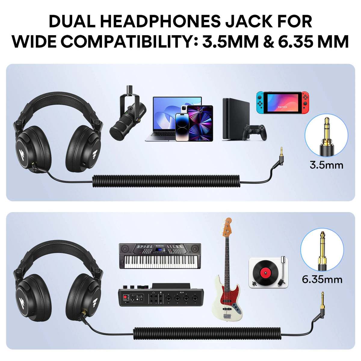 MAONO MH601 Wired Headphones Professional Studio Monitor Headphones with Detachable Plug & Cable 50mm Driver for DJ Gaming