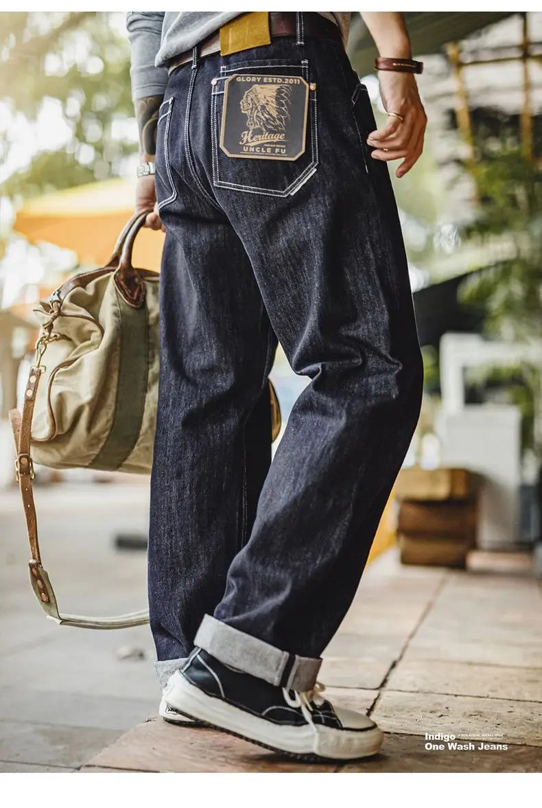 Maden Men's Vintage 12oz Washed Denim Jeans Straight Wide Leg Blue Trousers Loose Fit Zip Fly Casual Pants for Fall and Winter