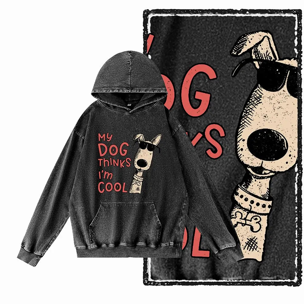 Vintage Dog Graphic Acid-Washed Black Hoodie