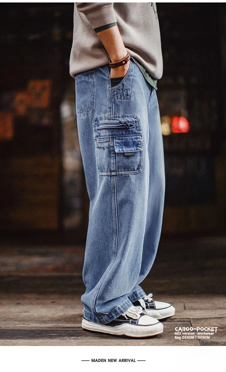 Maden Men's Vintage 10.5oz Washed Denim Jeans Loose Fit Cargo Pocket Workwear Pants Casual Blue Trousers for Spring and Autumn