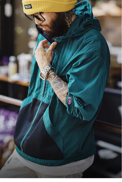 MADEN Gorpcore Half-zip Hooded Jacket Men Lightweight Relaxed Oversized Light Outdoor Utility Workwear Casual Spring Autumn