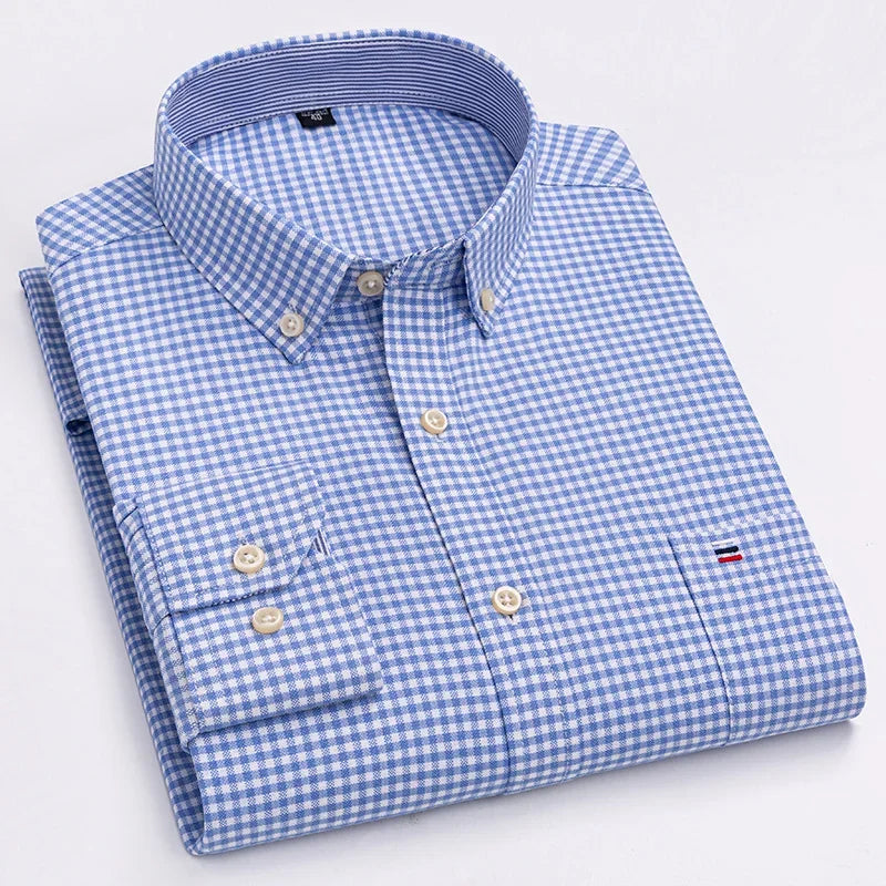 Casual Pure Cotton Oxford Men's Shirt Long Sleeve Plain Solid Regular Fit Fashion Button Dress Shirt