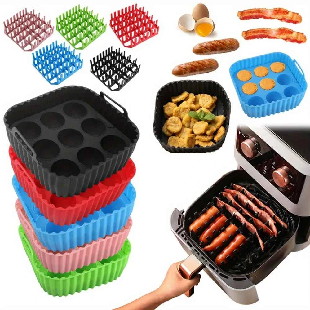 Premium Square Silicone Air Fryer Set, 9-Hole Cake Mold & Pan, Non-Stick Reusable Liner for Oven, Dishwasher Safe