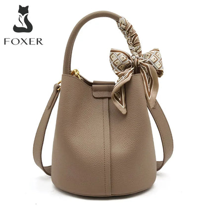 FOXER Women Shoulder Bag Crossbody Handbag Lady Genuine Leather+ Microfiber Fashion Bucket Bag Gift for Lover