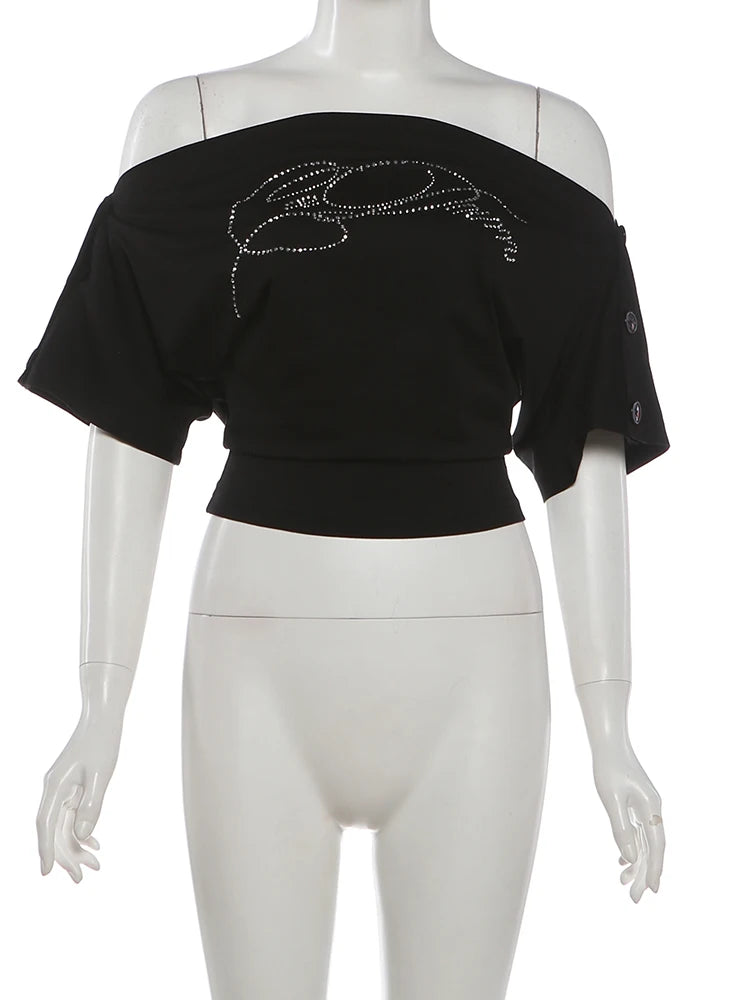 Kliou Rhinestone Decoration T-Shirt