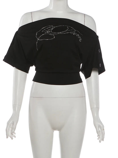 Kliou Rhinestone Decoration T-Shirt
