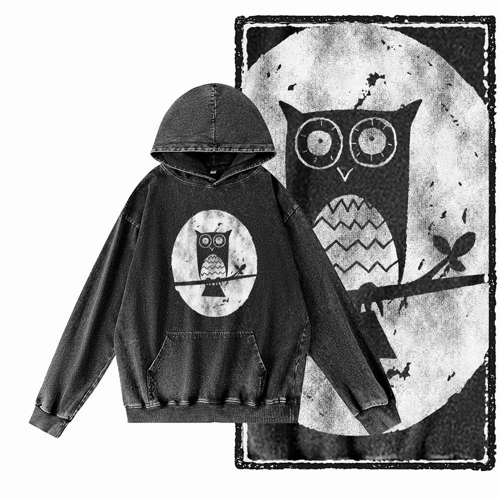 Vintage Owl Graphic Acid-Washed Black Hoodie