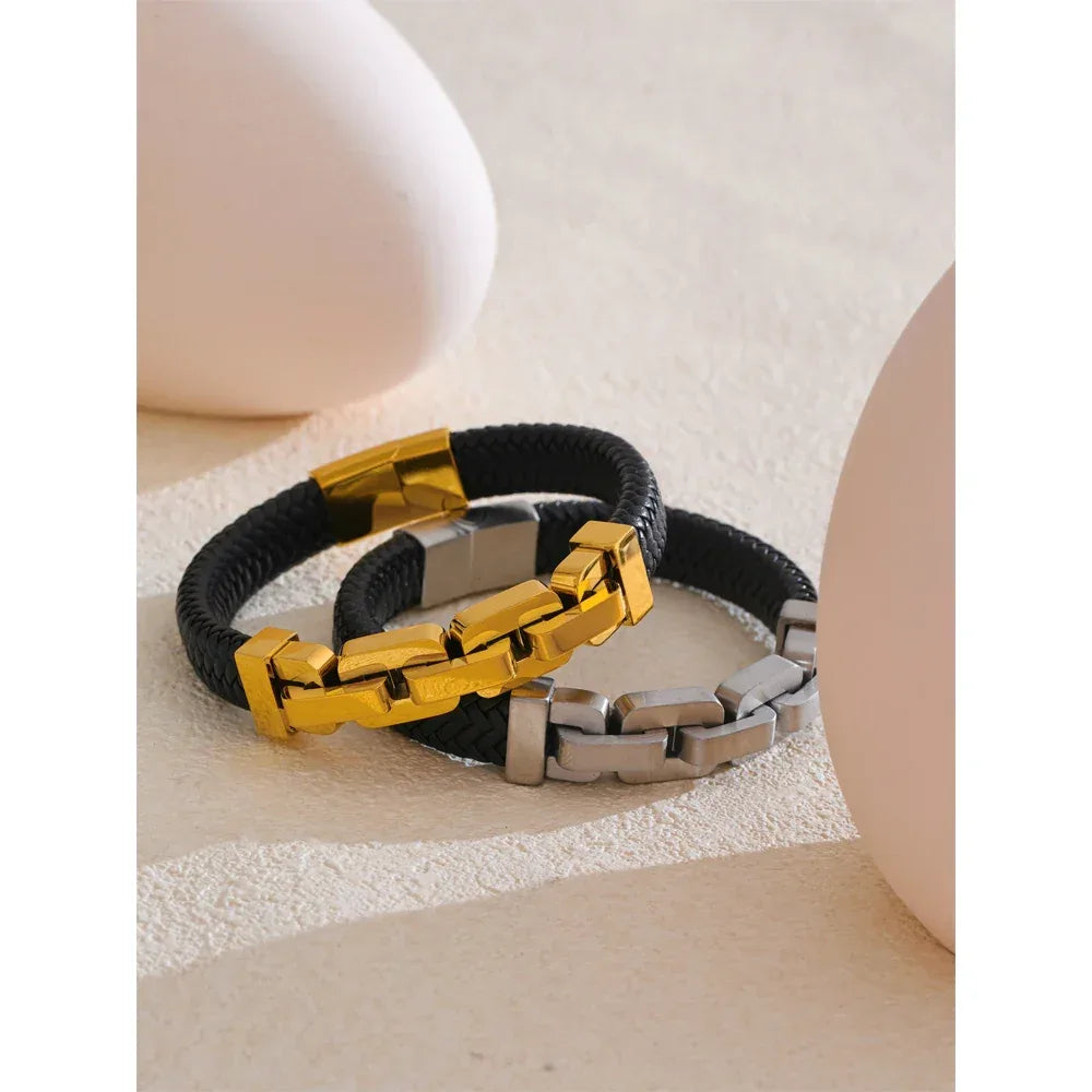 18K PVD Plated Stainless Steel Metal Chain Leather Handmade Men's Bracelet Bangle - ShopHub