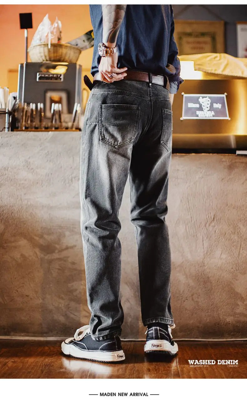 Maden Vintage 13oz Heavyweight Washed Gray Denim Jeans Men's Straight Leg Tapered Pants Casual Trousers for Spring and Fall